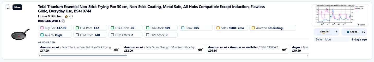 SellerTrace new lead row for Tefal Titanium with Keepa metrics and AI Search results