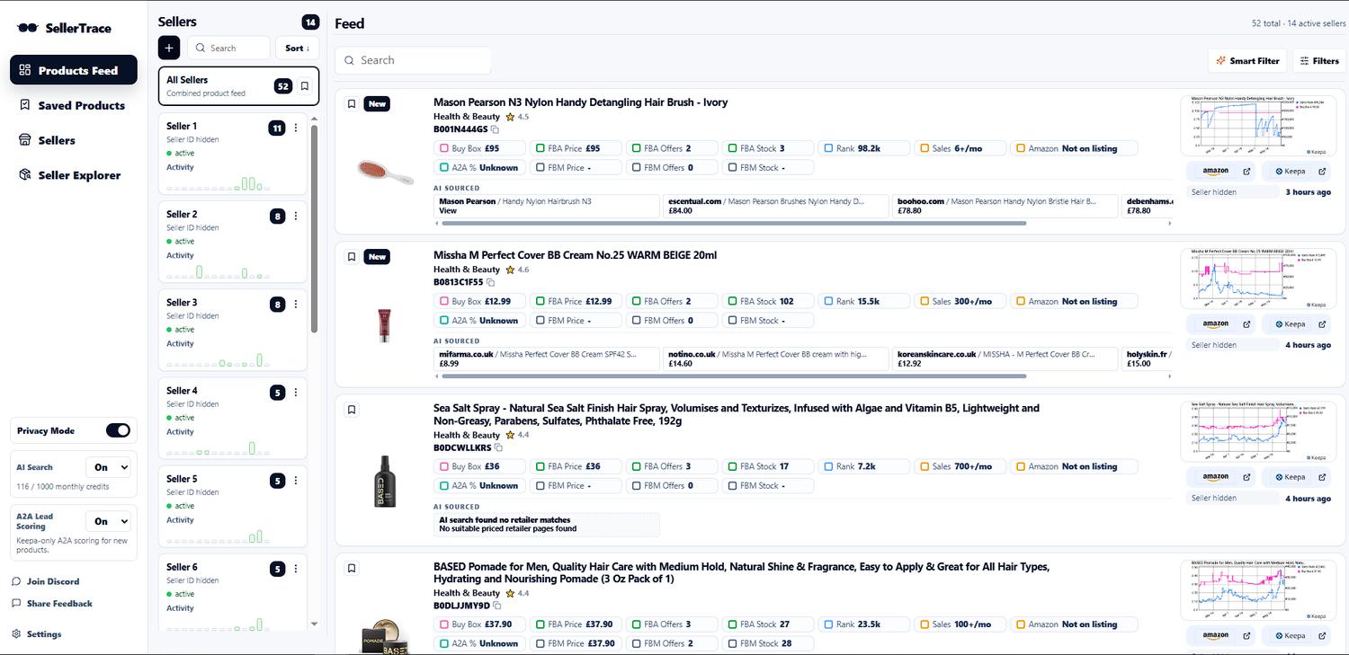 SellerTrace product feed with hidden seller IDs, Keepa stats and AI Search