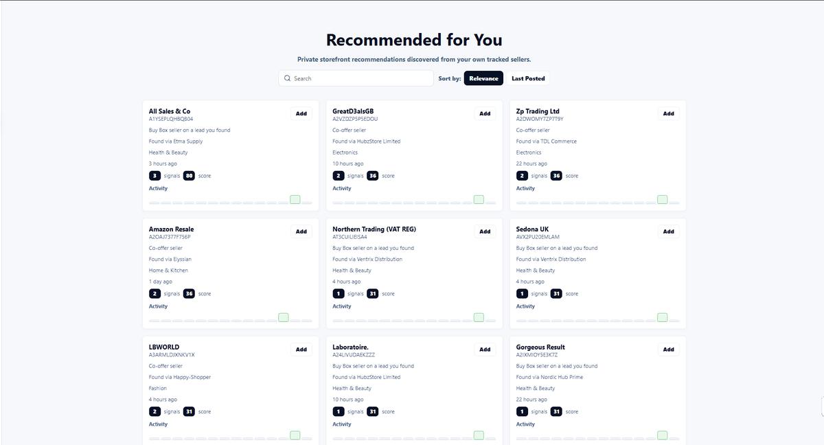 SellerTrace Seller Explorer recommended storefronts page
