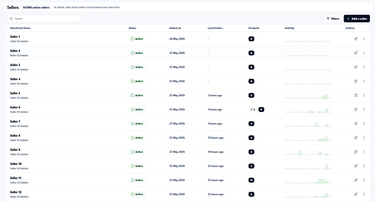 SellerTrace sellers page showing tracked storefronts and activity